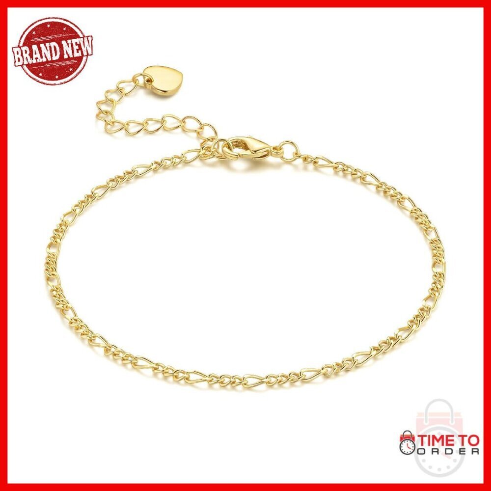 14K Gold Plated Thin Figaro Chain Bracelet with Heart Charm